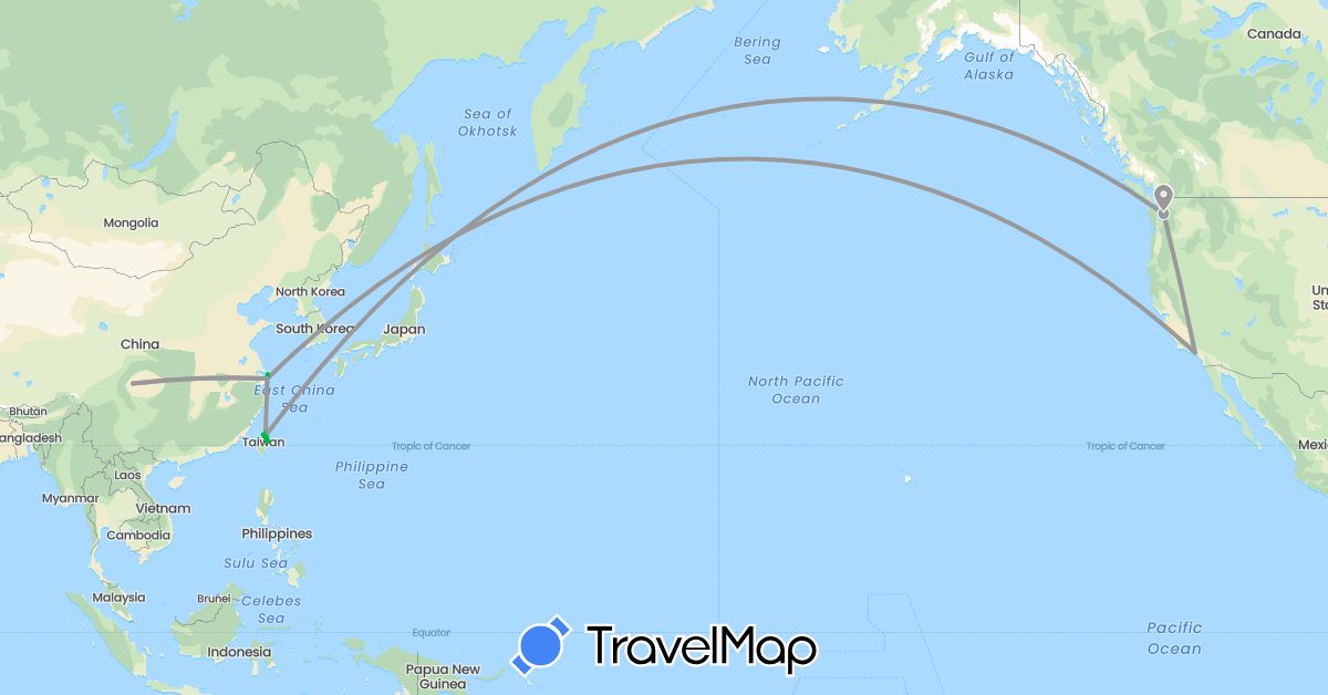 TravelMap itinerary: driving, bus, plane in China, Taiwan, United States (Asia, North America)